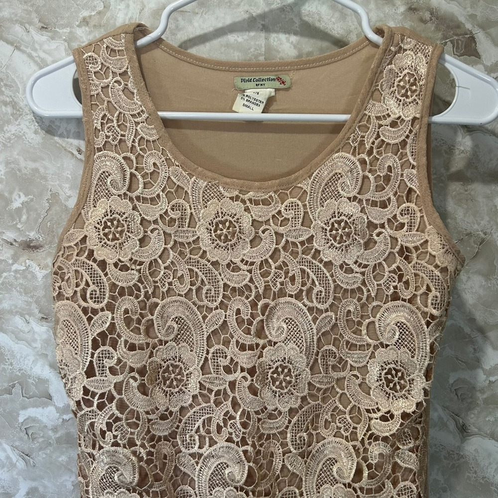 Vivid Collection‎ NY Small Sleeveless Lace Tank Top Beige Floral